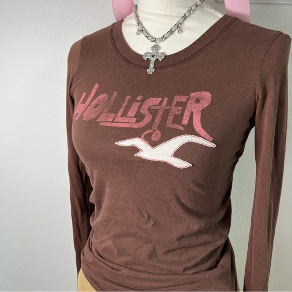 Hollister Vtg Y2K Brown Long Sleeve Graphic Top Pink Logo Womens Small - Picture 3 of 7